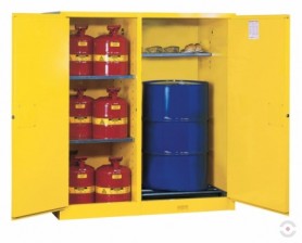 Safe, dual-function, 435L cabinet for barrel and hazardous liquid containers