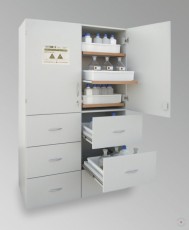 Safe cabinet for alkalis and acids, gray, 1935x1200x600 mm, 2x2 pull-out shelves, 2x3 drawers