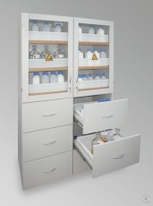 Safe cabinet with windows, alkalis and acids, 2x2 pull-out shelves, 2x3 drawers