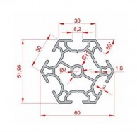 Šešiakampis 30 mm aliuminio profilis, matmenys