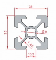 35x35 sustiprinto aliuminio profilio SLOT10 eskizas